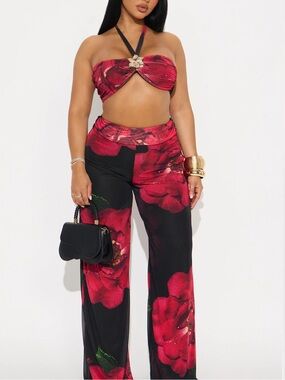 Mesh Floral Halter Pant Set - Black/Red